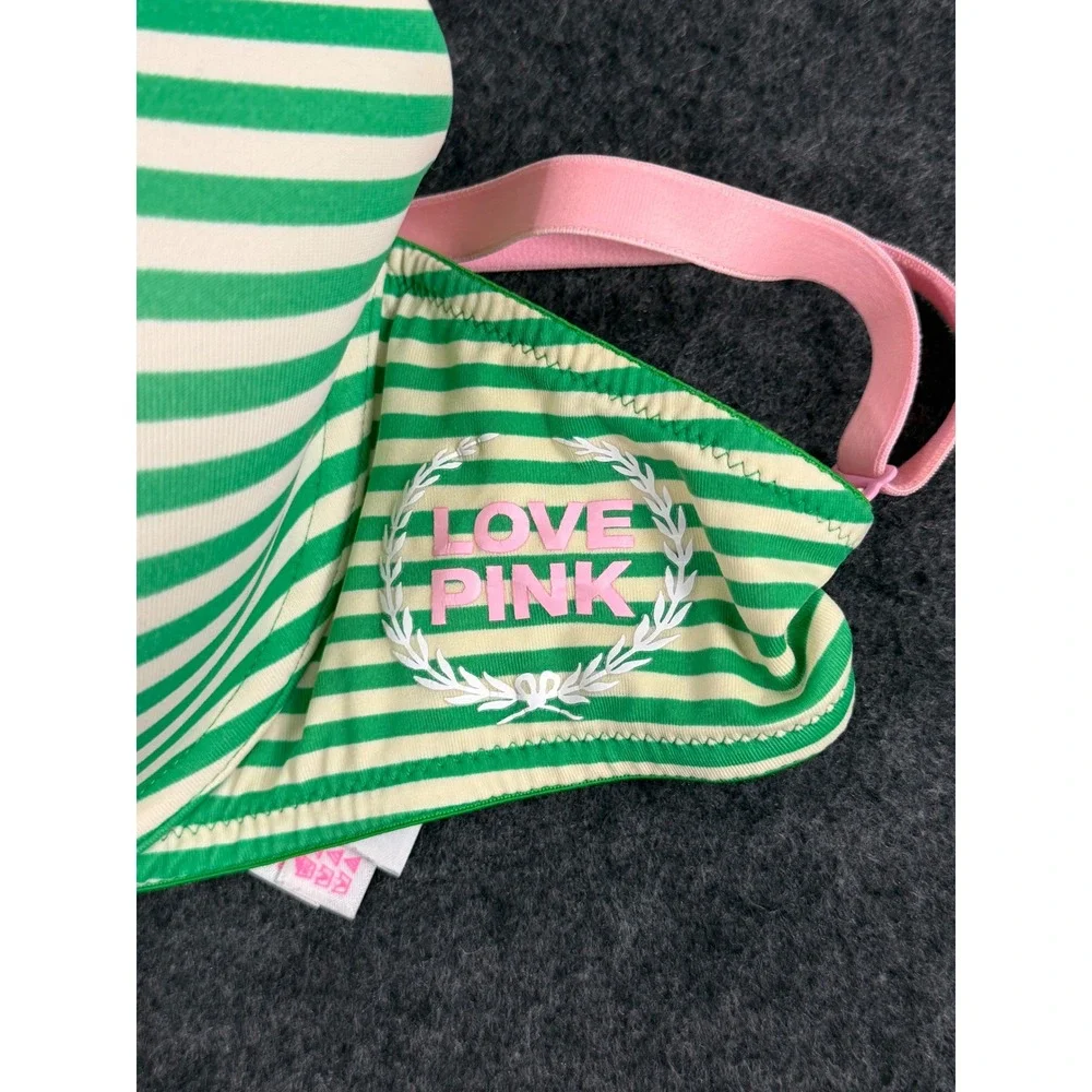 Victoria's Secret PINK T-Shirt Bra Women 34DD Green Striped Great Condition